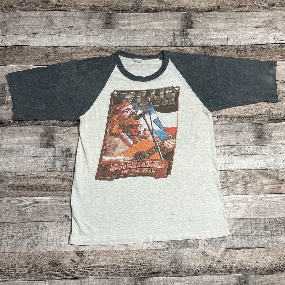 Willie Nelson Shirt Size Medium White Gray 80s 1980 Folk Music Band Tee